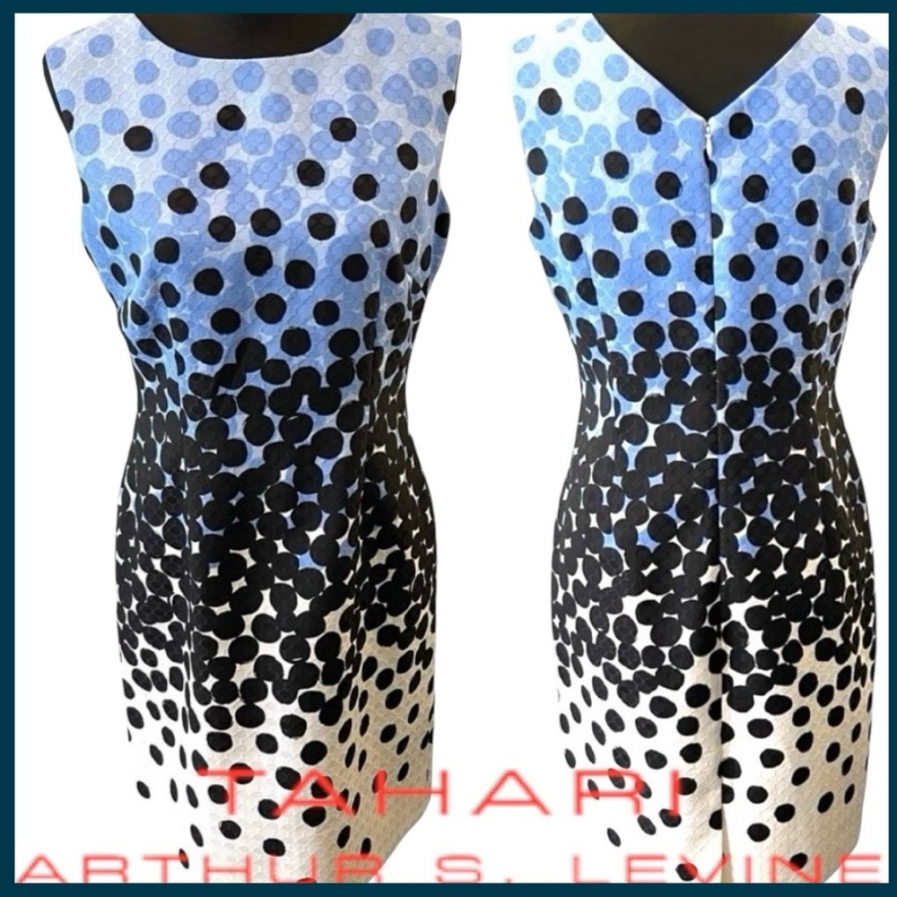 Tahari ASL White/Black/Blue Dot Sleeveless Sheath Dress (6)